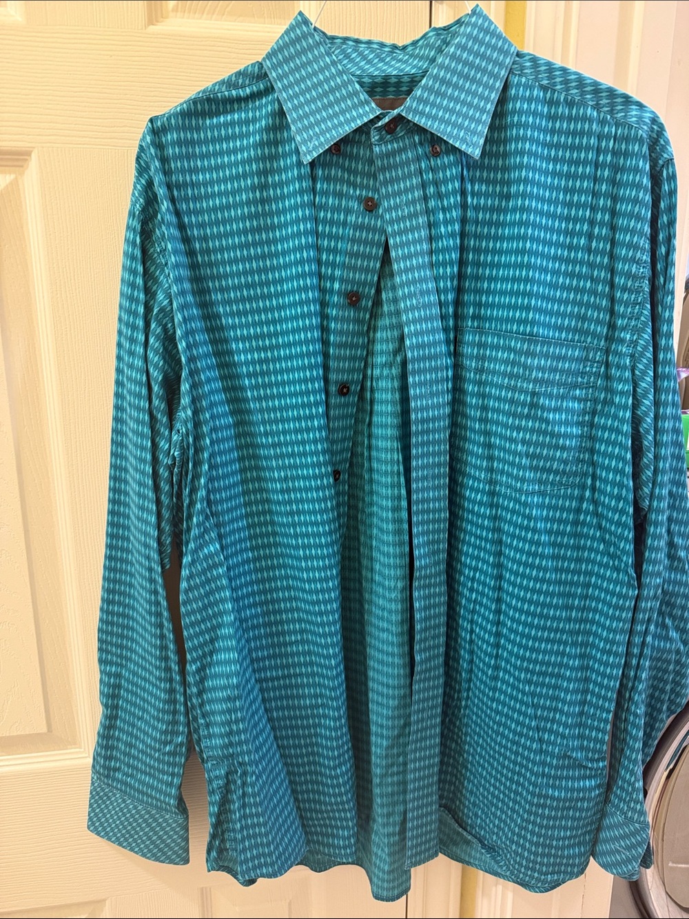 Men's Teal Patterned Long-Sleeve Button-Down Shirt